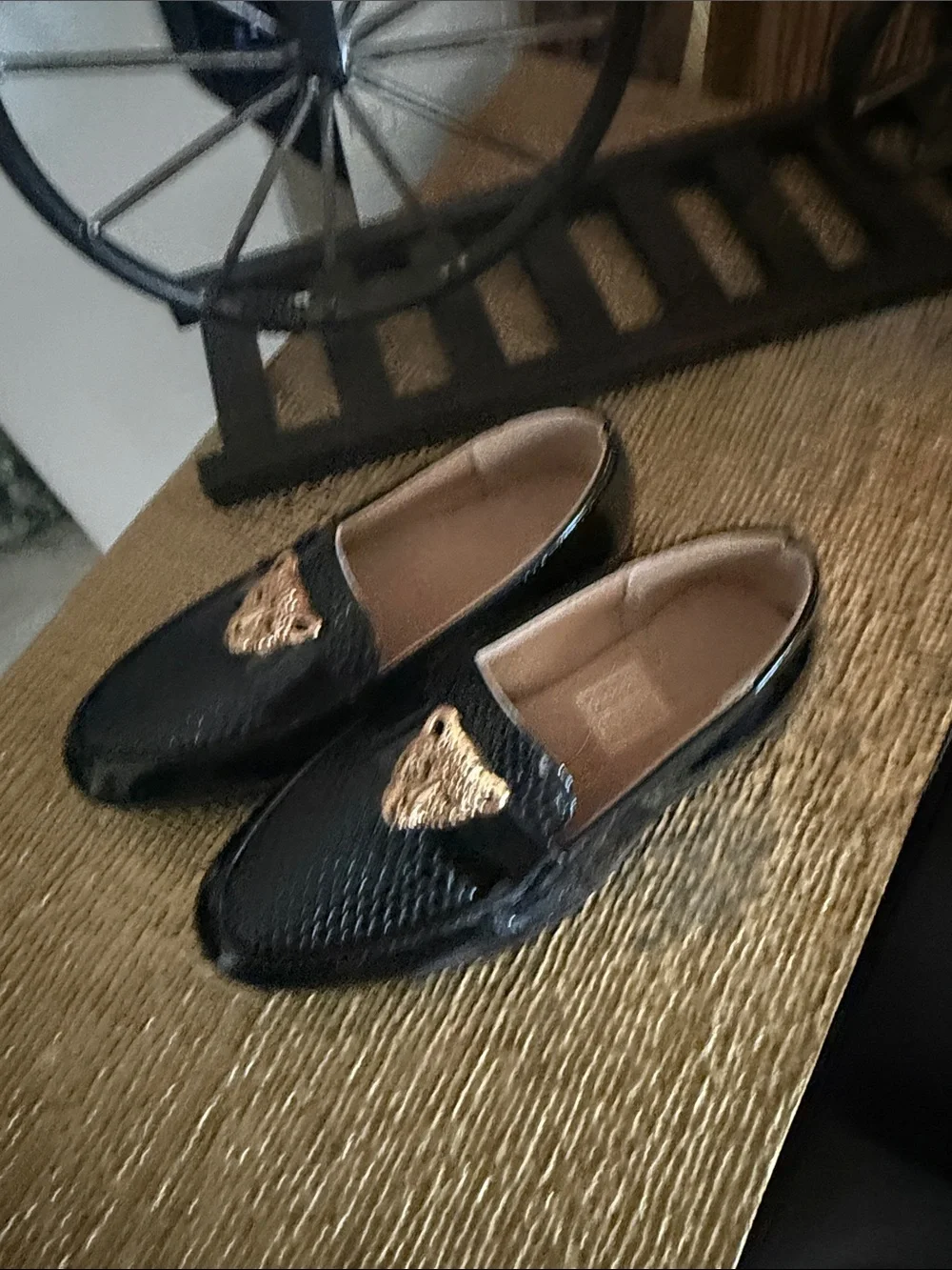 Girls Black Moccasin Loafers with Gold Cat Accent